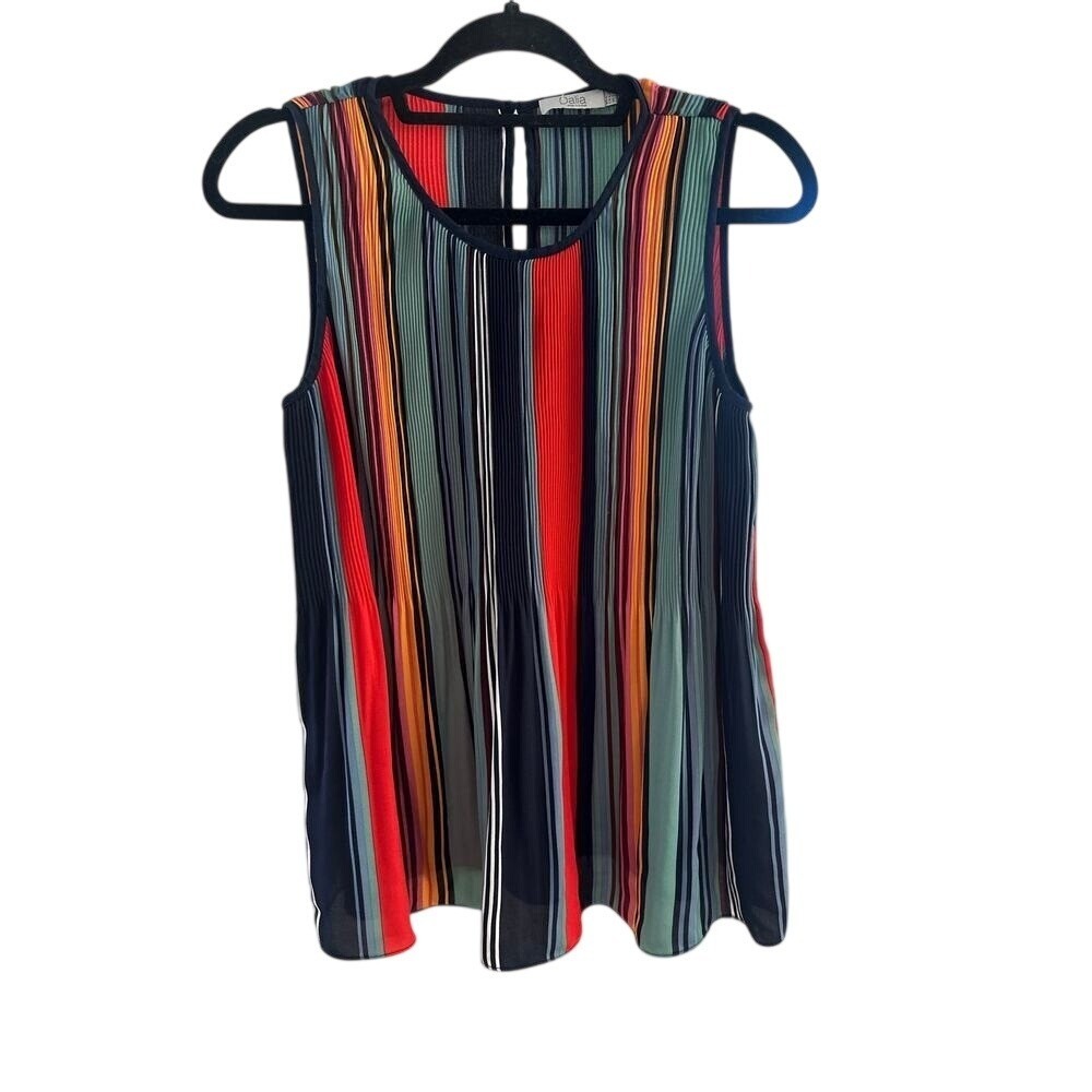 Dalia Womens Multi Color Vertical Stripe Pleated Sleeveless Blouse Top Large